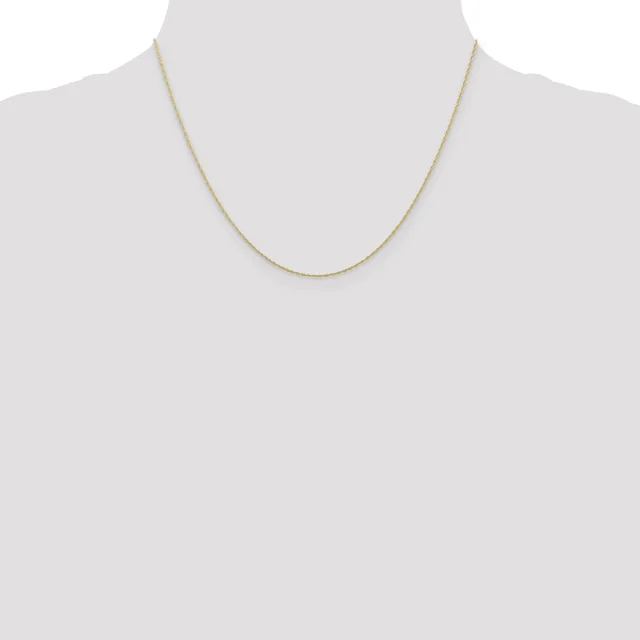A thin gold-toned chain necklace displayed on a mannequin neck against a white background.