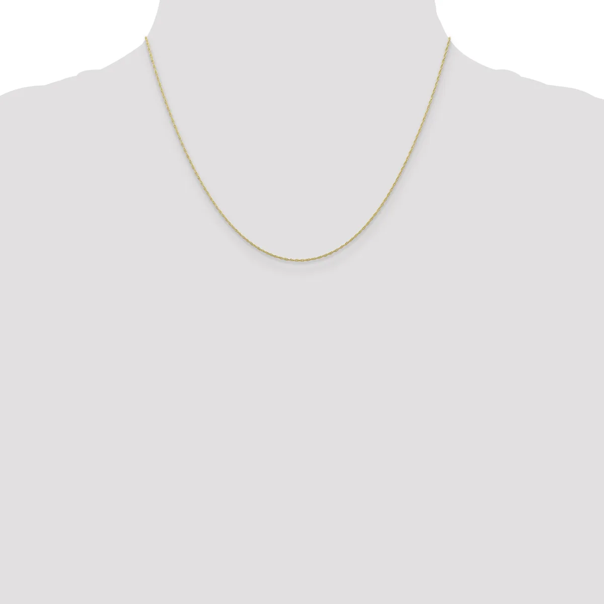 A thin gold-toned chain necklace displayed on a mannequin neck against a white background.