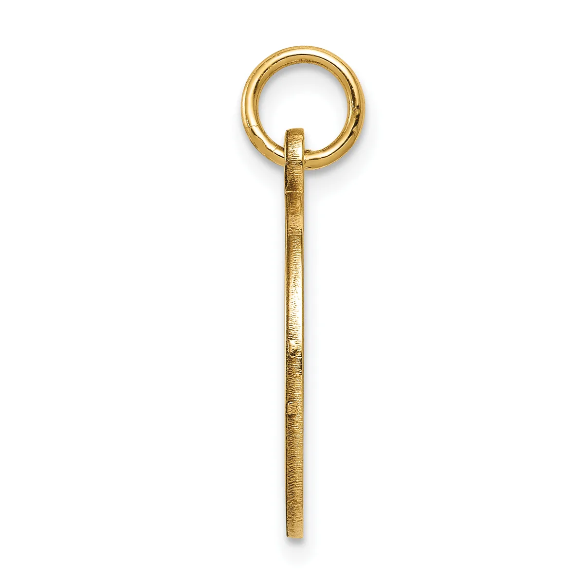 A long, slender gold pendant with a textured surface and a small circular loop attached at the top.