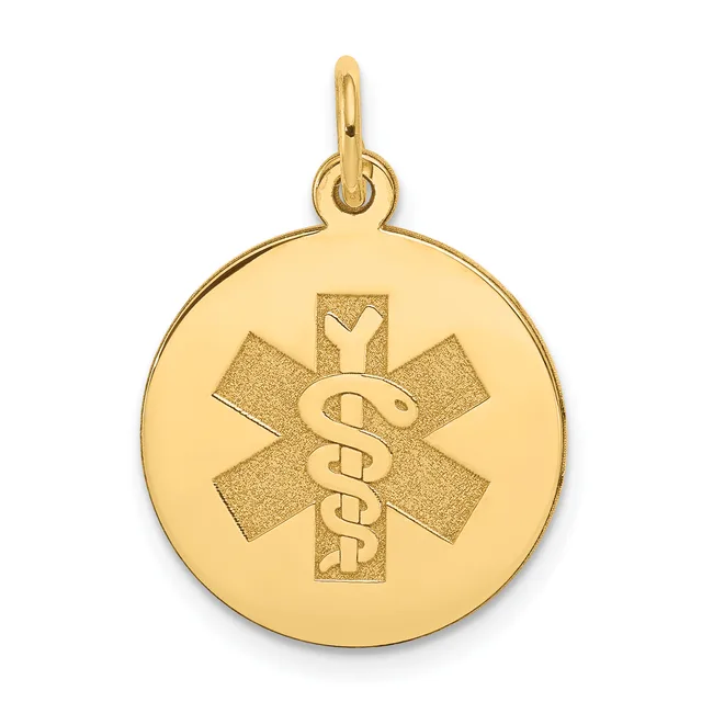 Gold circular medical alert pendant with a star of life symbol containing an intertwined snake staff, suspended from a small loop.