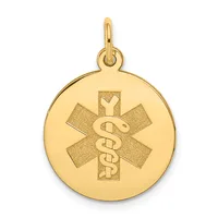 Gold circular medical alert pendant with a star of life symbol containing an intertwined snake staff, suspended from a small loop.