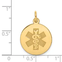 Gold-toned medical alert pendant charm featuring a caduceus symbol within a star of life on a circular disc, shown next to a ruler for scale.