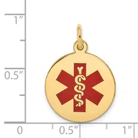 Gold-toned round medical alert pendant with red star of life symbol and caduceus, shown next to a ruler measuring approximately one inch in diameter.