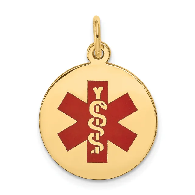 Gold circular medical alert pendant with red star of life symbol and intertwined snakes staff in center, suspended from a gold bail loop.