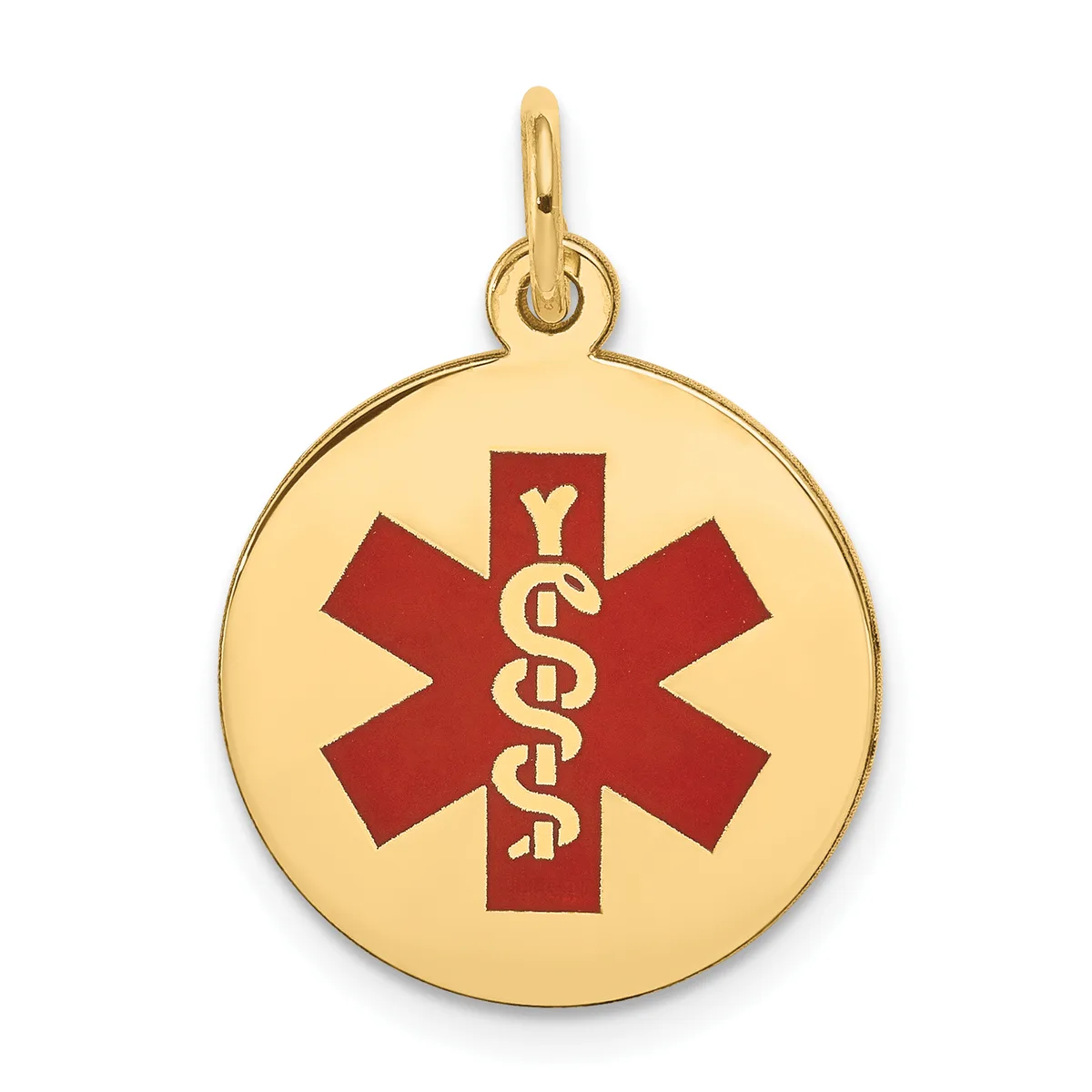 Gold circular medical alert pendant with red star of life symbol and intertwined snakes staff in center, suspended from a gold bail loop.