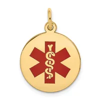 Gold circular medical alert pendant with red star of life symbol and intertwined snakes staff in center, suspended from a gold bail loop.