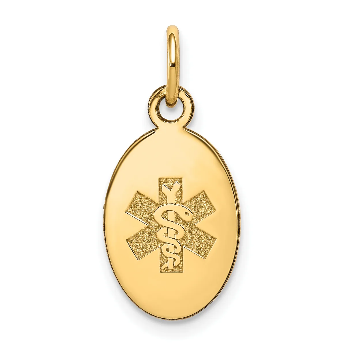 Gold oval medical alert pendant with caduceus symbol and textured star background, suspended from a small loop bail.
