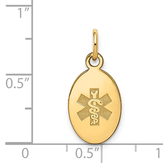 Gold oval medical alert pendant with star of life symbol and caduceus engraved on front, shown next to ruler indicating approximately 0.75 inches tall.