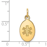 Gold oval medical alert pendant with star of life symbol and caduceus engraved on front, shown next to ruler indicating approximately 0.75 inches tall.