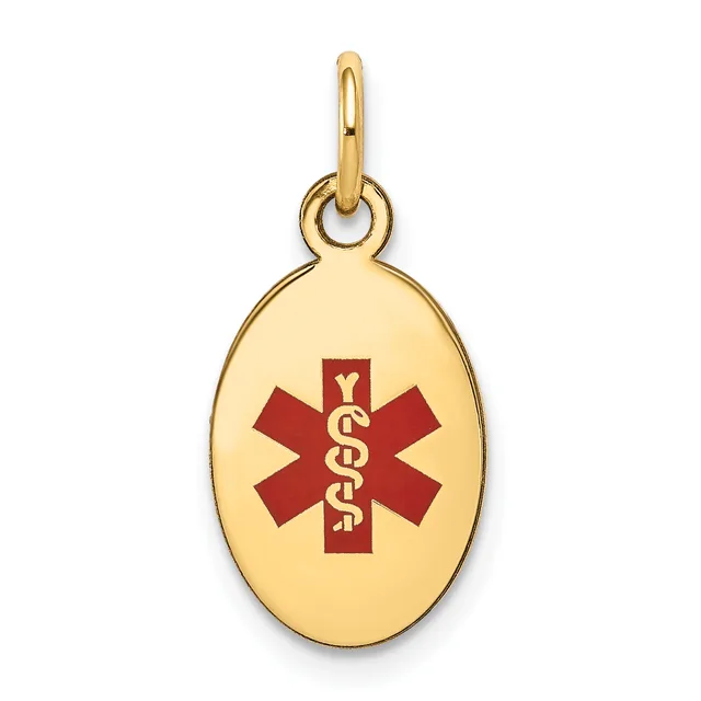 Gold-toned oval pendant with a red medical symbol featuring a snake staff, suspended from a matching gold bail loop.