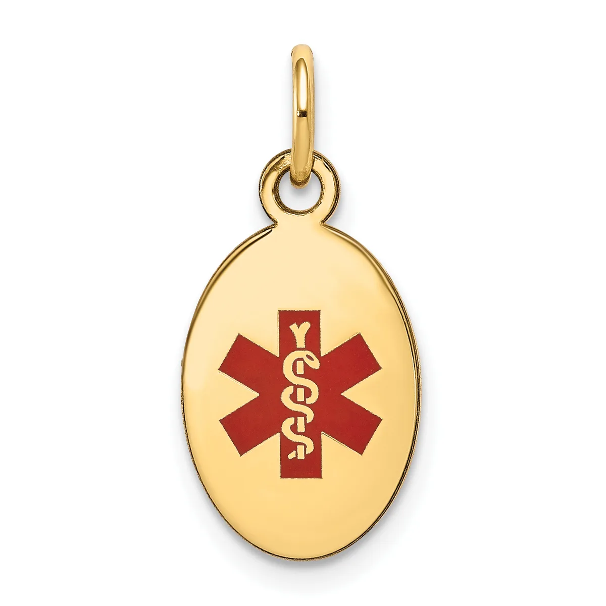 Gold-toned oval pendant with a red medical symbol featuring a snake staff, suspended from a matching gold bail loop.