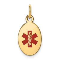 Gold-toned oval pendant with a red medical symbol featuring a snake staff, suspended from a matching gold bail loop.