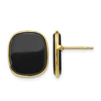 Gold-toned stud earrings with rounded square black onyx faces, shown from front and side views.