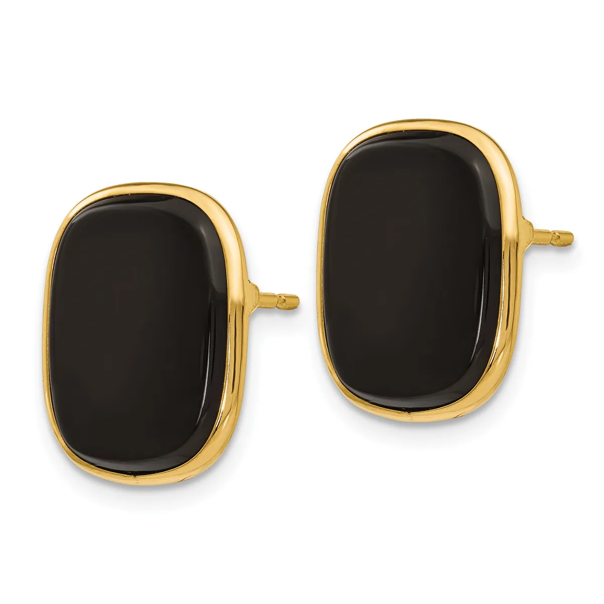 A pair of gold-toned stud earrings with polished black oval stone faces and small post backs.