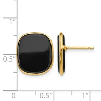 Gold-toned stud earrings with polished black onyx in rounded square settings, shown from front and side view with measurement scale.