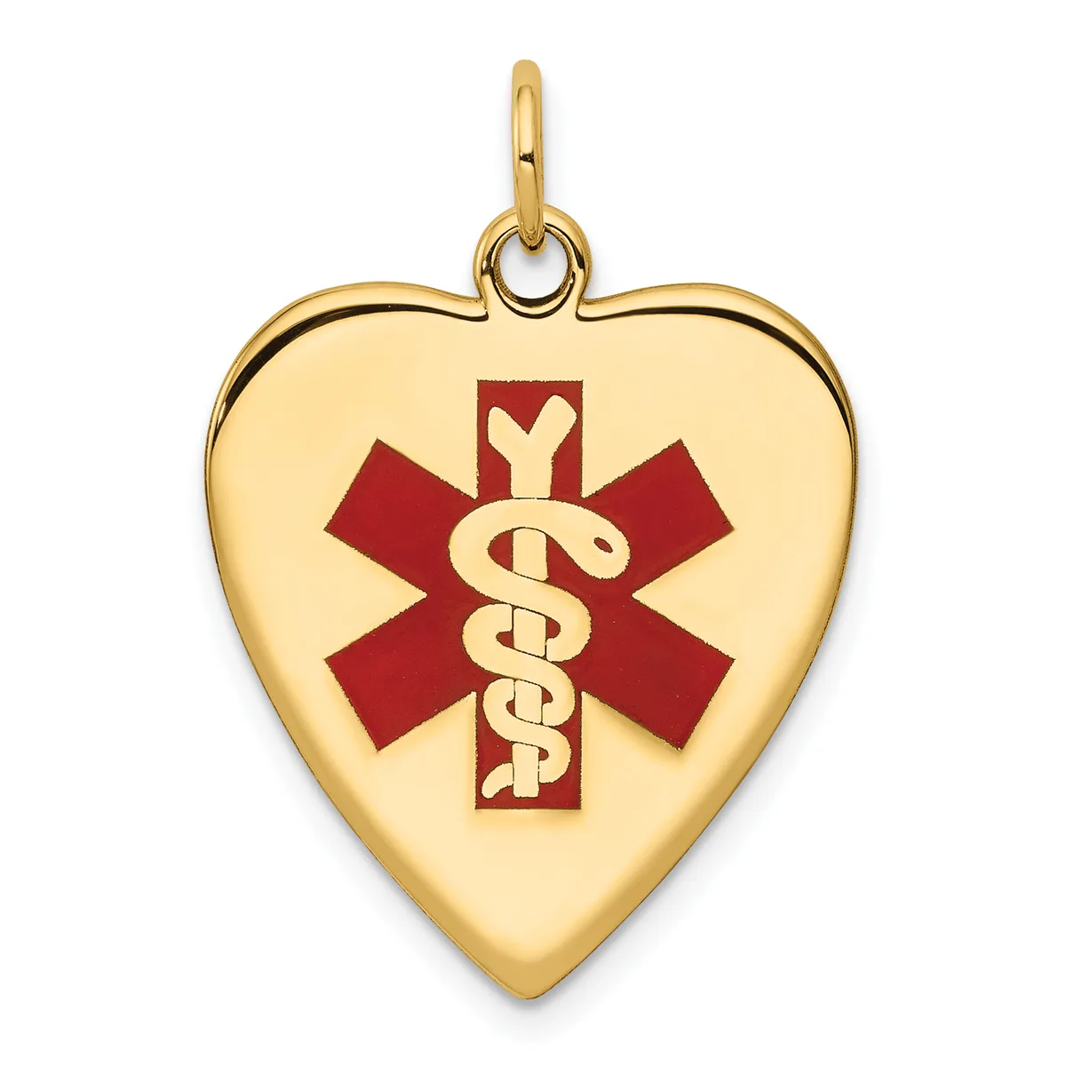 Gold heart-shaped medical alert pendant with red enamel caduceus symbol and attachment loop.