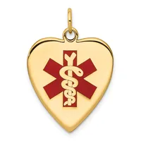 Gold heart-shaped medical alert pendant with red enamel caduceus symbol and attachment loop.