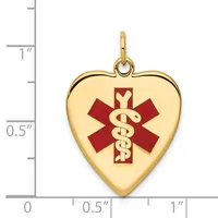 Gold heart-shaped medical alert pendant with a red enameled Star of Life symbol and caduceus, shown next to a ruler indicating it measures approximately one inch tall.