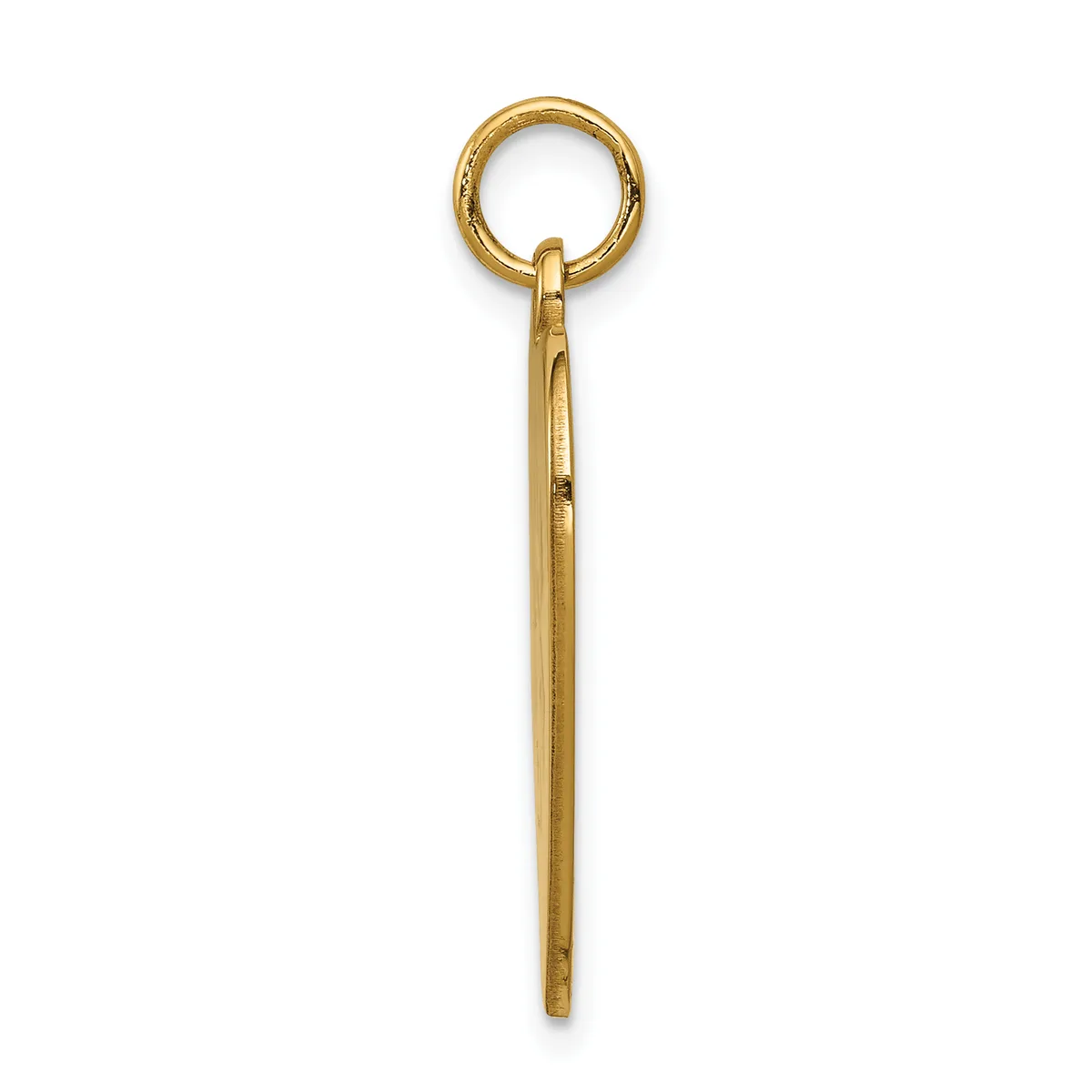 A long, slender gold-toned metal pendant with a small loop at the top and a rounded ring attached to the loop.