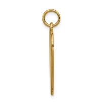 A long, slender gold-toned metal pendant with a small loop at the top and a rounded ring attached to the loop.