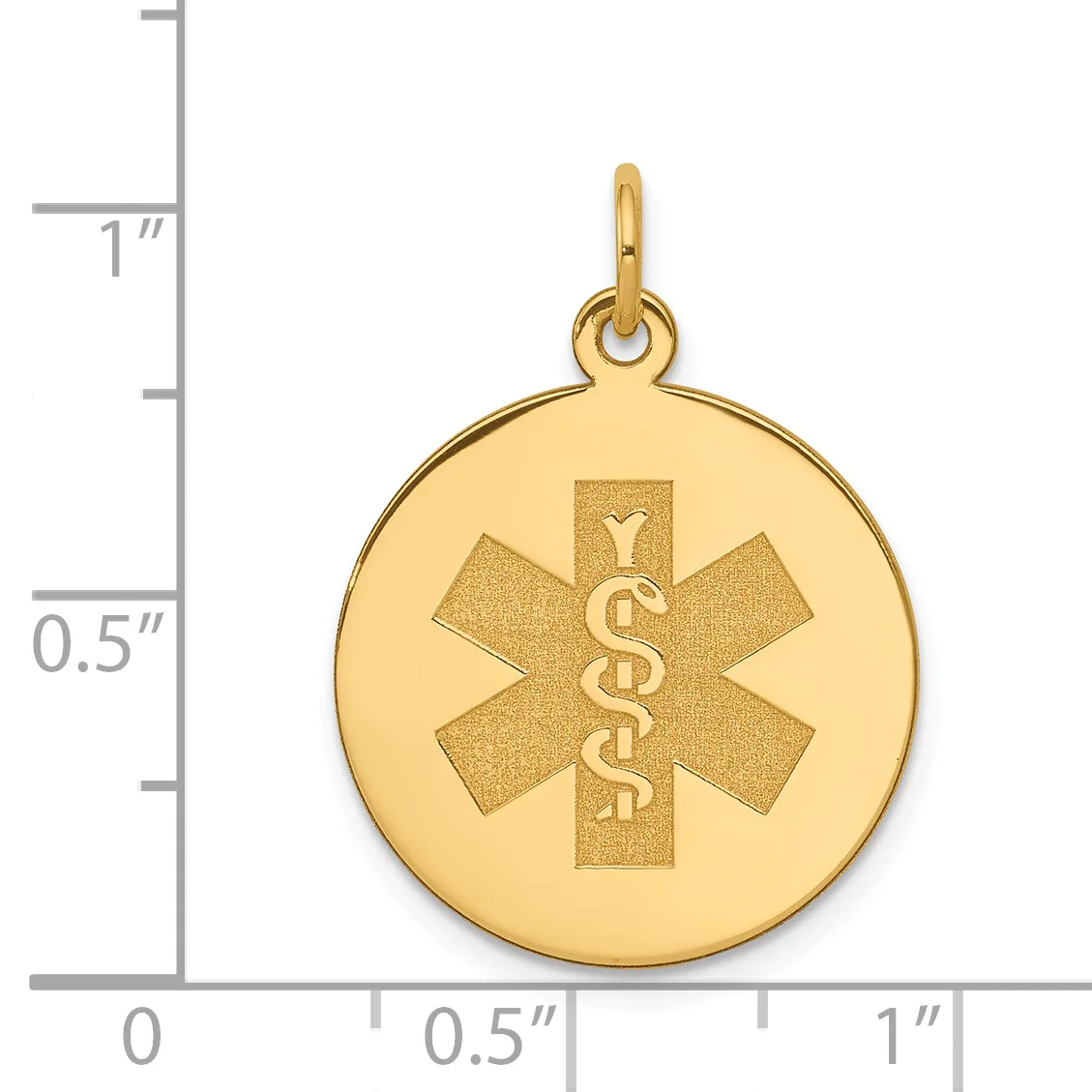 Gold-toned round medical alert pendant with star of life symbol and caduceus, shown next to a ruler indicating approximately one inch diameter.