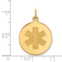 Gold-toned round medical alert pendant with star of life symbol and caduceus, shown next to a ruler indicating approximately one inch diameter.