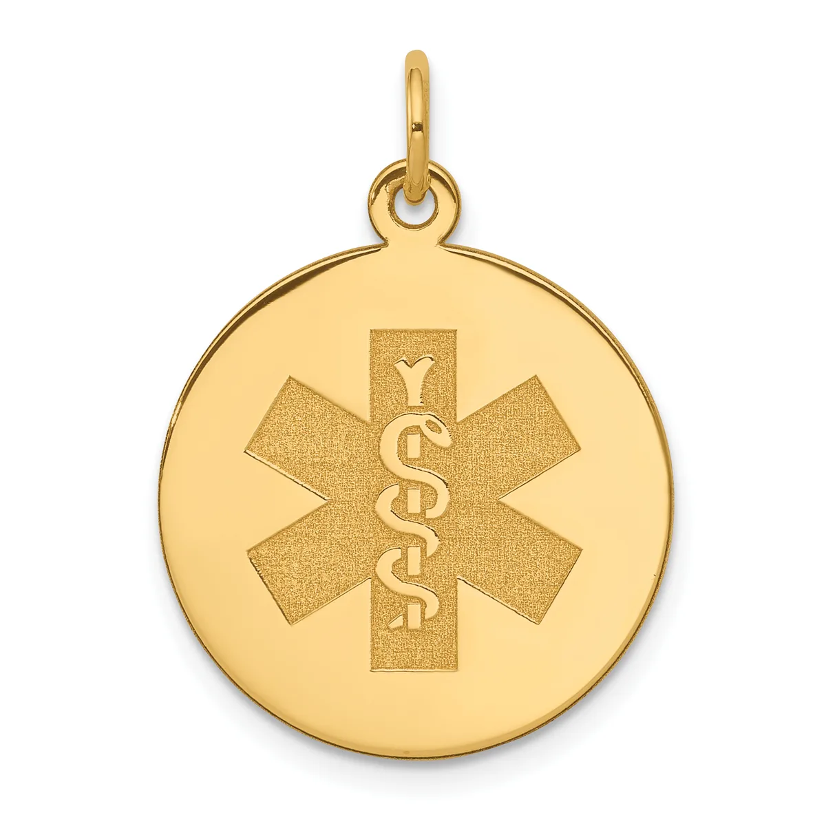 Gold-toned circular medical alert pendant with a star of life symbol and caduceus engraved in the center, suspended from a small loop bail.