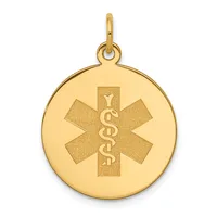 Gold-toned circular medical alert pendant with a star of life symbol and caduceus engraved in the center, suspended from a small loop bail.