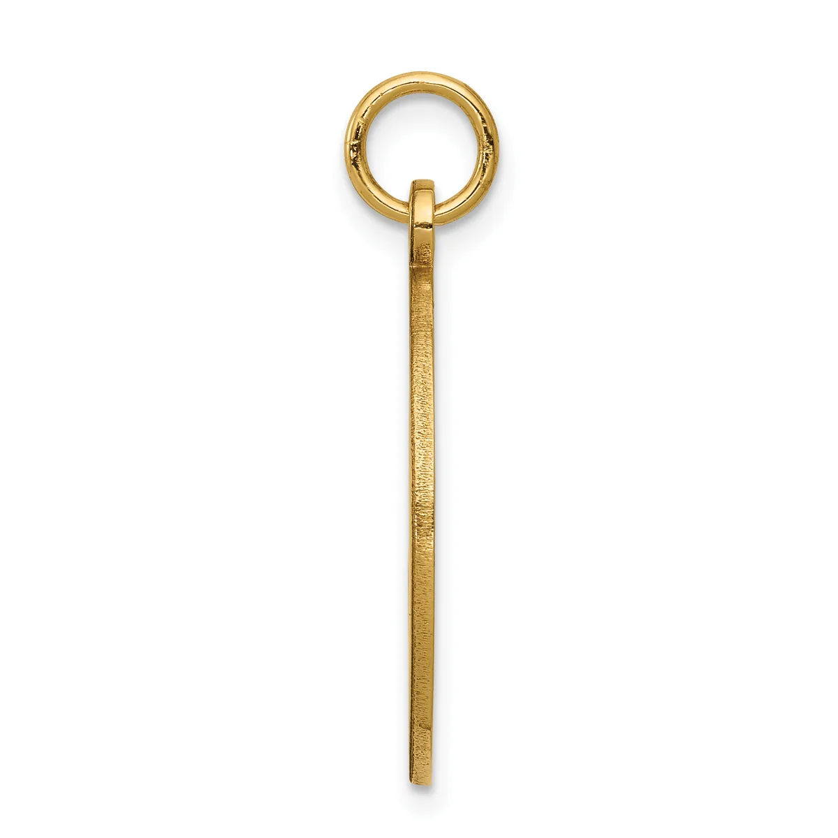 A long, thin gold pendant with a textured surface and a circular loop at the top, shown against a white background.