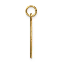 A long, thin gold pendant with a textured surface and a circular loop at the top, shown against a white background.