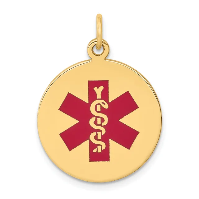 Gold-toned circular pendant with a red medical symbol featuring a snake staff in the center, suspended from a loop bail.