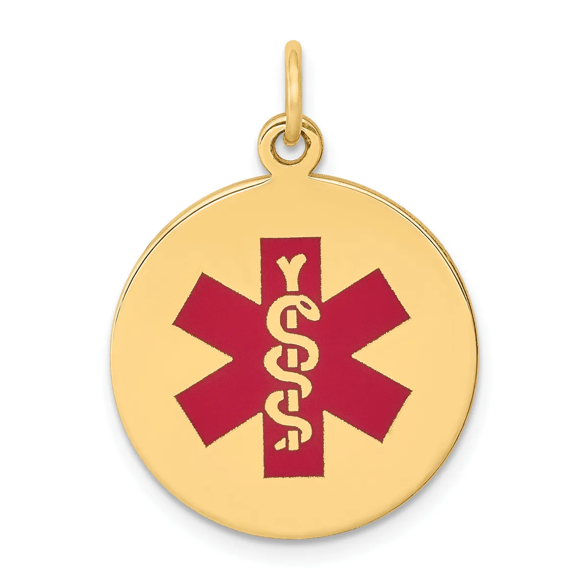 Gold-toned circular pendant with a red medical symbol featuring a snake staff in the center, suspended from a loop bail.