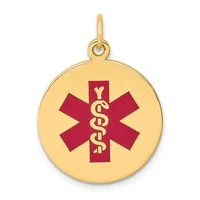 Gold-toned circular pendant with a red medical symbol featuring a snake staff in the center, suspended from a loop bail.