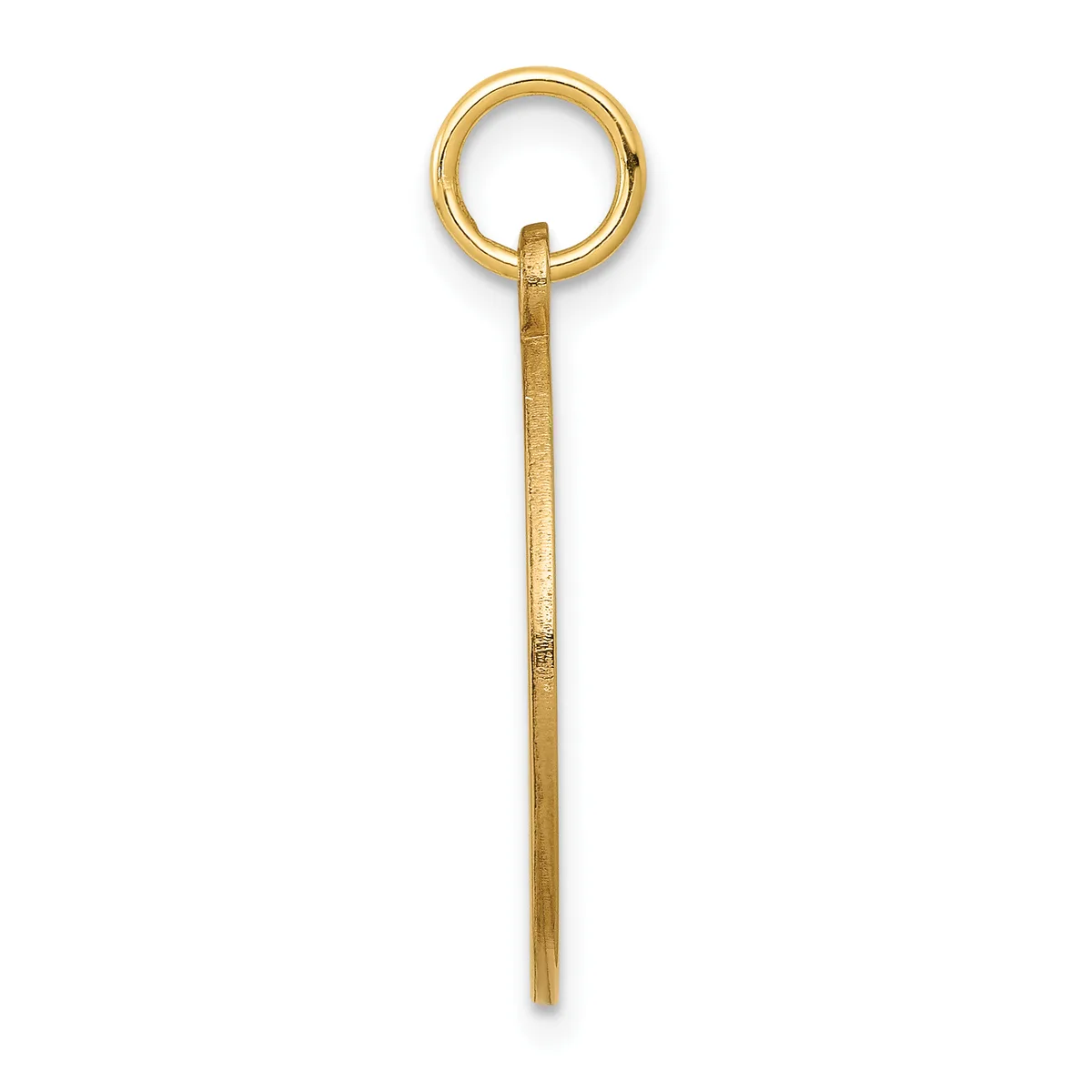 A long gold pendant consisting of a thin rectangular bar attached to a circular loop at the top, shown against a white background.
