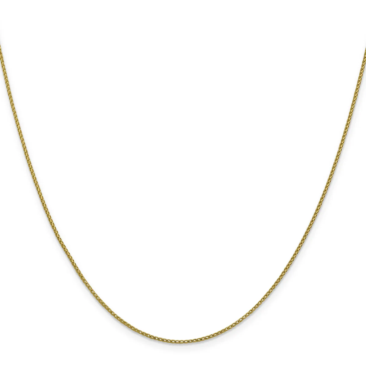 A thin gold chain necklace with a delicate woven link pattern, shown laid out against a white background.