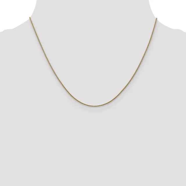 A thin gold-toned twisted chain necklace displayed on a mannequin neck against a light gray background.