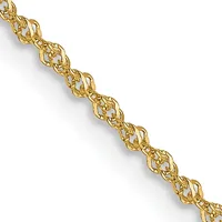 A twisted gold chain with an open filigree link pattern displayed diagonally against a white background.