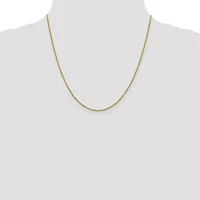 A thin gold-toned chain necklace displayed on a mannequin bust against a white background.