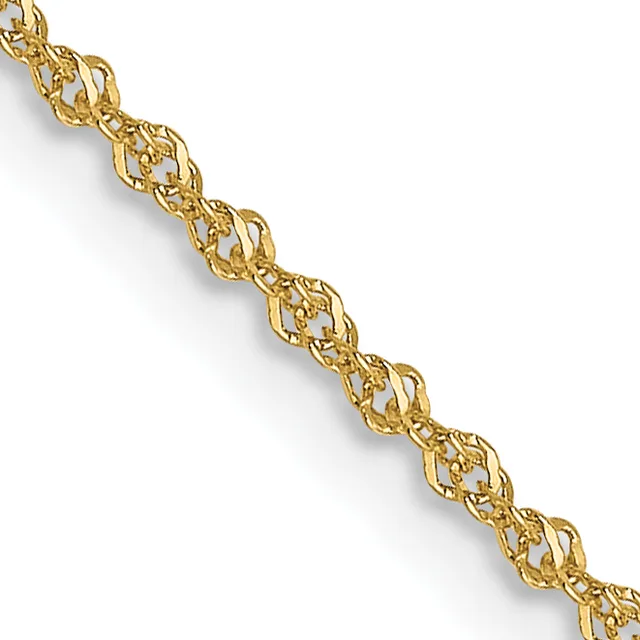 A twisted gold chain with an ornate openwork link pattern, displayed diagonally against a white background.