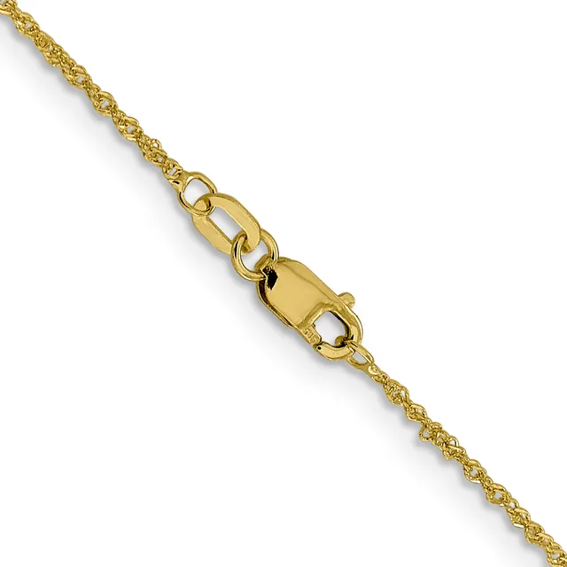 A gold twisted rope chain with a lobster claw clasp shown against a white background.