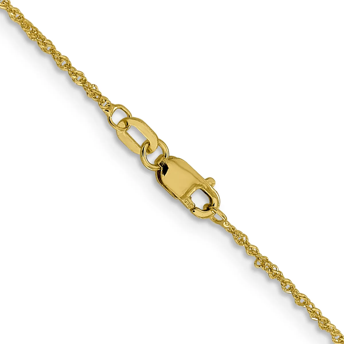 A gold twisted rope chain with a lobster claw clasp shown against a white background.