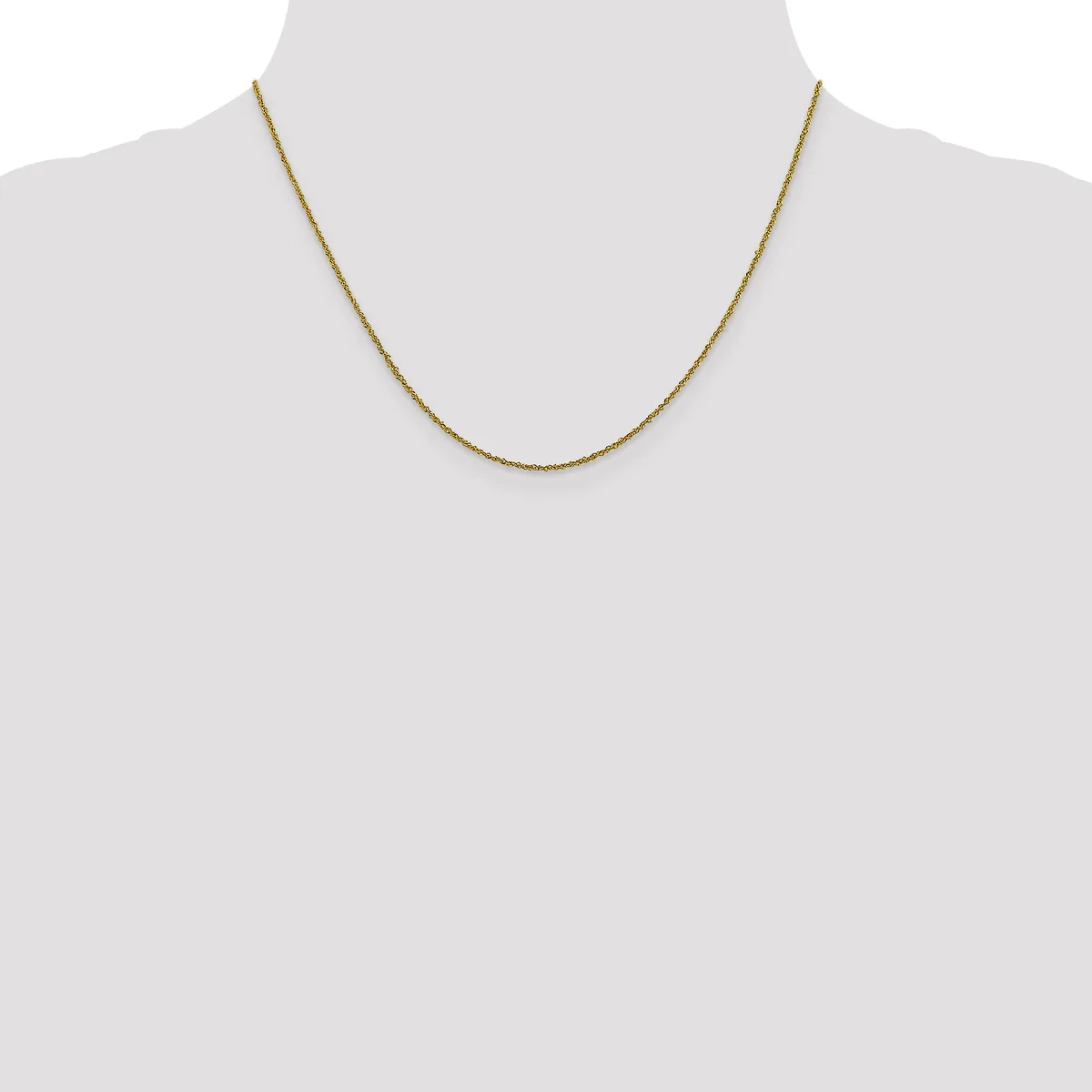 A thin gold-toned chain necklace displayed on a mannequin bust against a white background.
