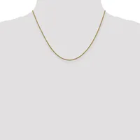 A thin gold-toned chain necklace displayed on a mannequin bust against a white background.