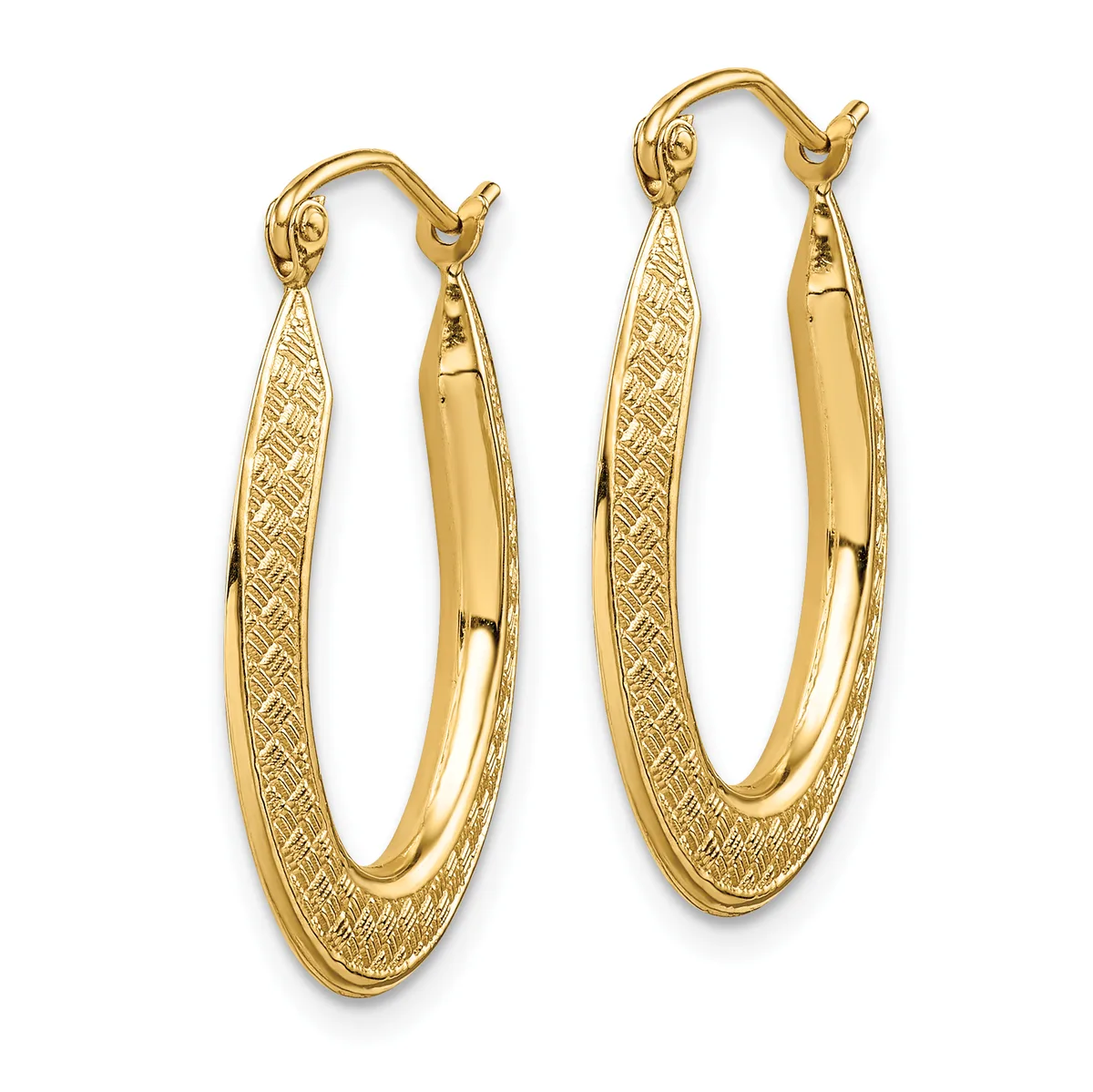 Pair of gold oval hoop earrings with textured surfaces and polished inner curves, suspended from curved ear wires.