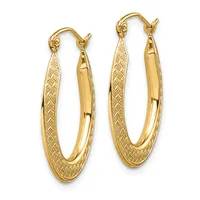 Pair of gold oval hoop earrings with textured surfaces and polished inner curves, suspended from curved ear wires.