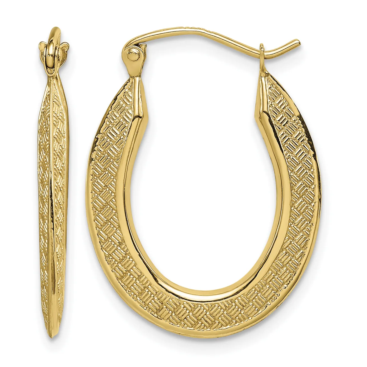 Pair of gold hoop earrings with textured crosshatch pattern on the surface, shown from front and side views.