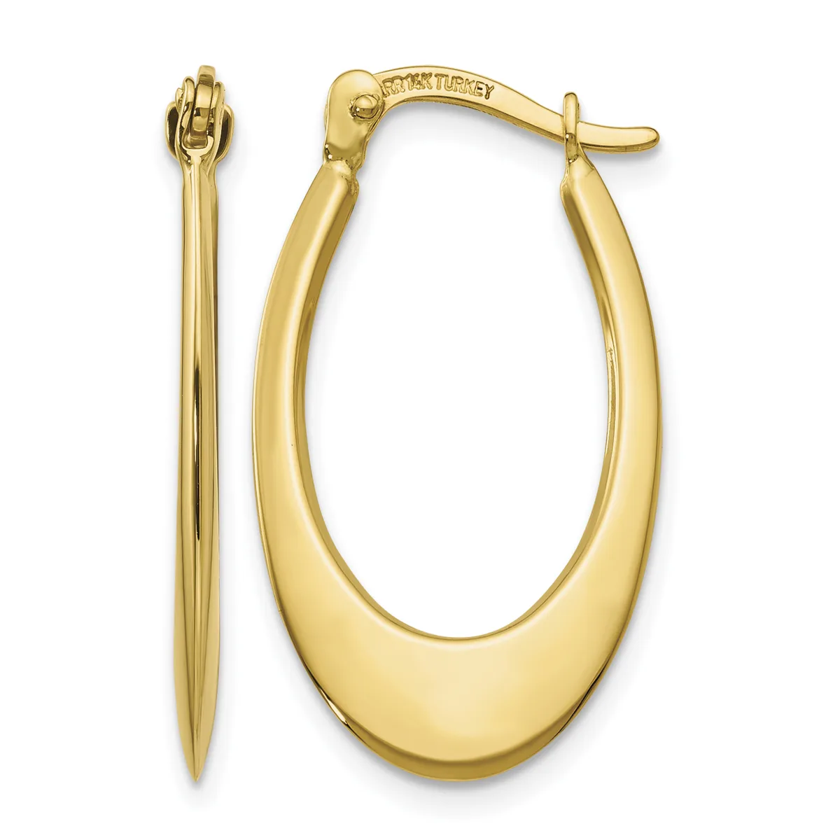A pair of polished gold hoop earrings with an oval shape and tapered pointed ends, shown from the front and side views.