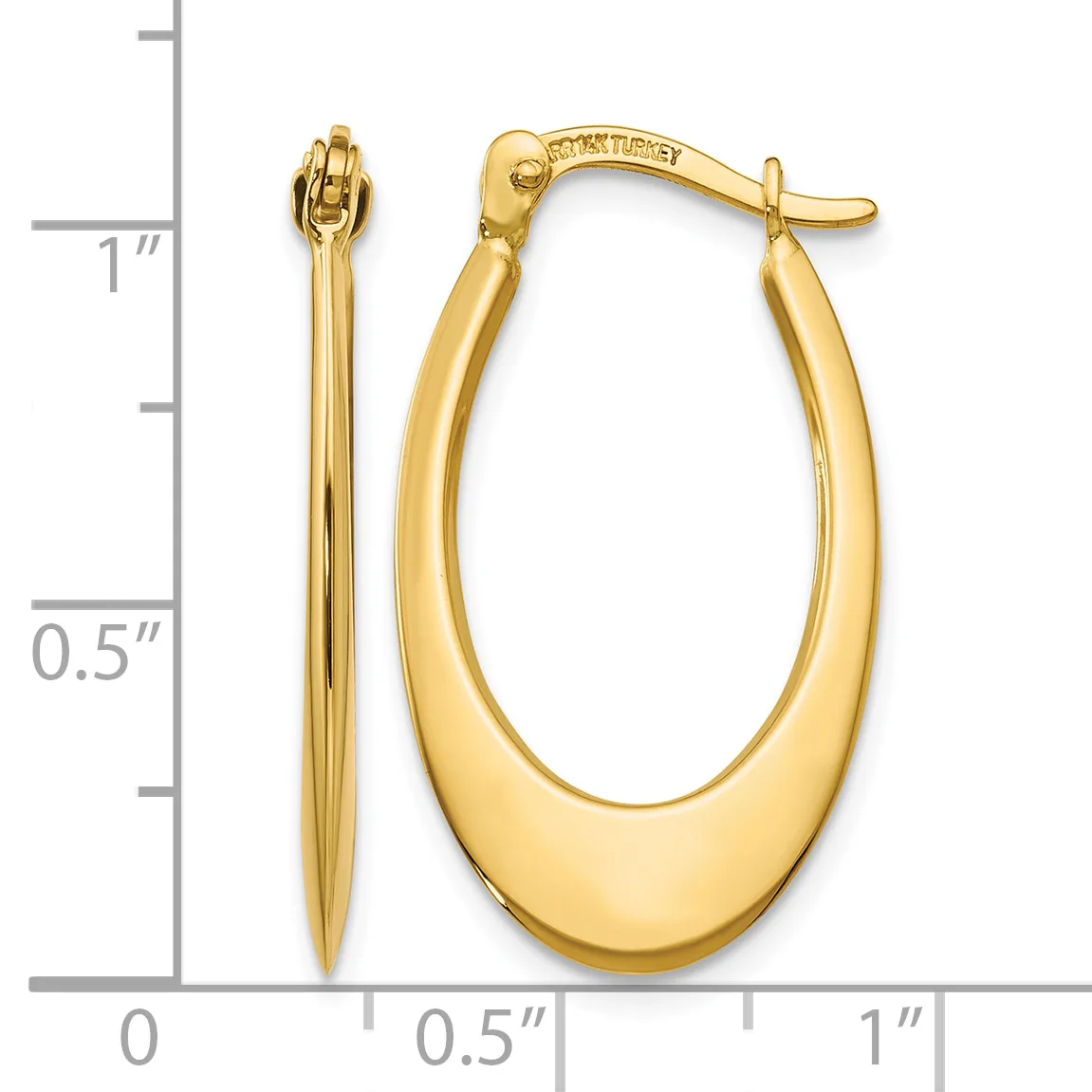 Polished gold-tone oval hoop earrings displayed next to a measurement ruler showing approximately one inch in length.