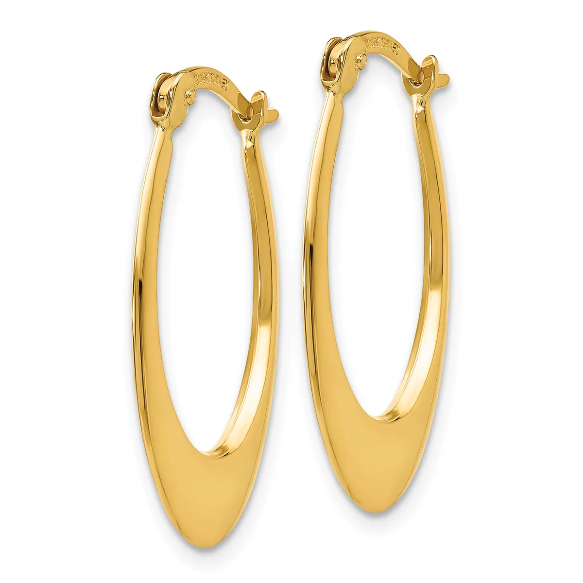 A pair of polished gold hoop earrings with an elongated oval shape and tapered ends, shown against a white background.