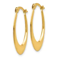 A pair of polished gold hoop earrings with an elongated oval shape and tapered ends, shown against a white background.
